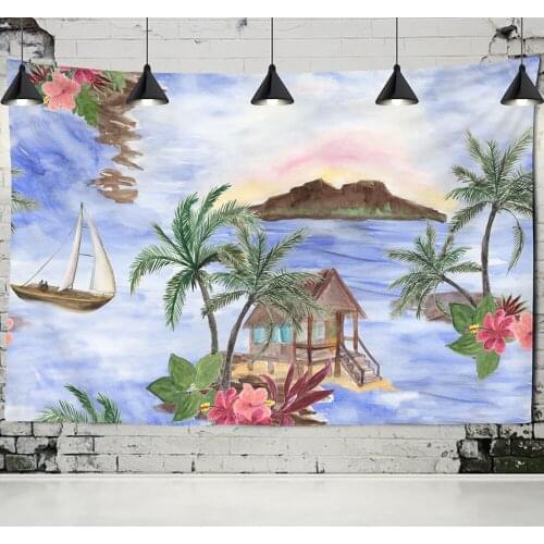 Beach Scenery Tapestry Wall Hanging Oil Painting Flowers Coconut Tree Hawaii Bohemian Studio Living Room Home Decor