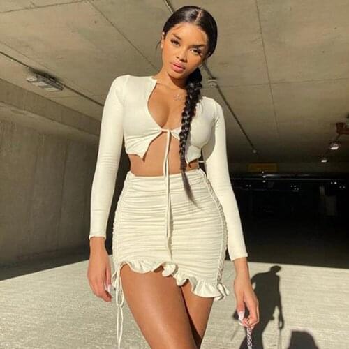 Ruffles Ruched Drawstring Club Women Matching Sets Long Sleeve Sexy Party Skinny V Neck Top And Skirts 2 Piece Dress Set Outfits