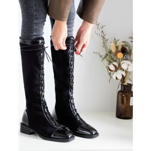 Cross-Tied Knee High Boots Women Chunky Heels Riding Knight Motorcycle Botas Slim Leg Long Booties Femme Winter Plush Fur Shoe