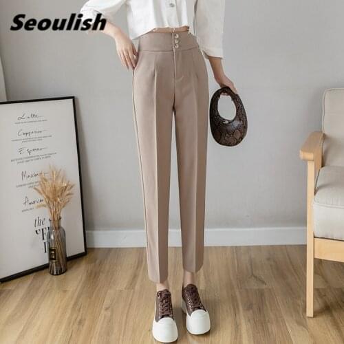 Seoulish 2021 New Spring Women Formal Harem Pants Buttons High Waist Elegant Office Lady Ankle-Length Workwear Female Pants