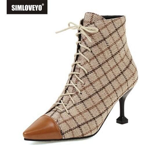 SIMLOVEYO 2021 Designer Fashion Ankle Boots for Women Demin Pointed Toe Thin Needle Stiletto Heel Lace Up Blue Yellow 48 S2444