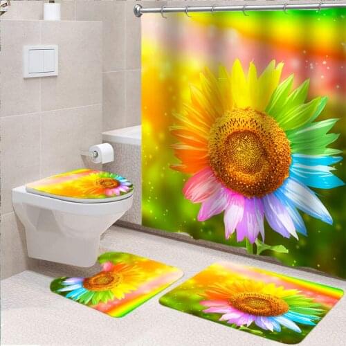 Sunflower Bathroom Decor Modern Shower Curtain Beautiful Flowers Toilet Cover Mat Non-Slip Rugs Bath Curtains with 12 Hooks