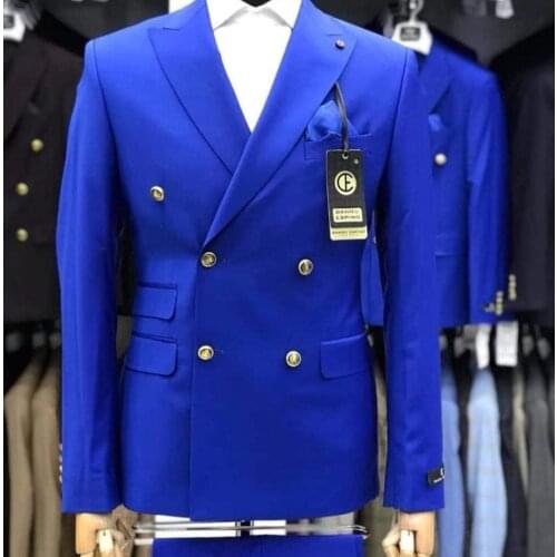 TPSAADE Brand New Mens Royal Blue Slim Fit 2 Pieces Fashion Suit Double Breated Tuxedos Wedding Suit Blazer (Jacket+Pant)