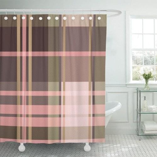 Khaki Pattern Check Pink All Over Geometric Plaid Taupe Shower Curtain Waterproof Polyester Fabric 72 x 78 Inches Set with Hooks