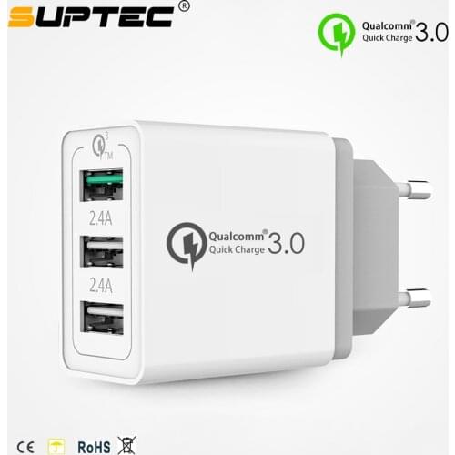 SUPTEC 3 Port Quick Charge QC 3.0 USB Wall Travel Charger for iPhone X 8 7 iPad Samsung S9 Huawei EU/US/UK Fast Charging Charger