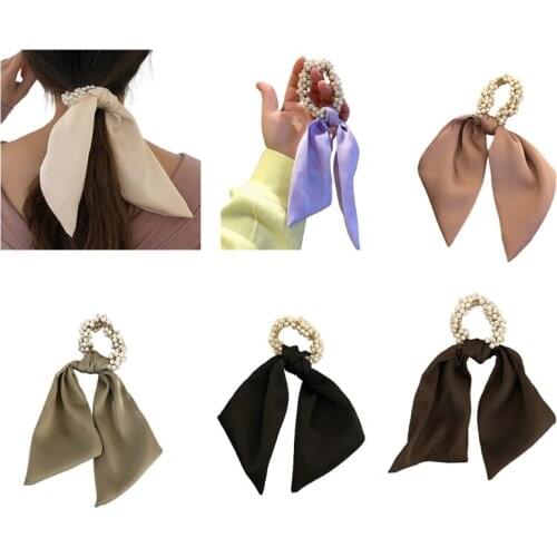 Pearl Hair Rope Silk Feeling Ribbon Bows Flexible Headdress Day to Day Hair Decoration Head Accessories for Celebrations