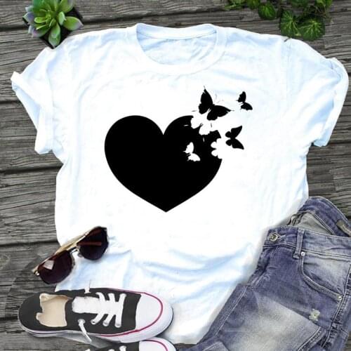 Women 90s Love Heart Butterfly 2021 Trend Graphic Fashion Cartoon Print Kawaii Regular Female Tops Tees Clothes Tshirt T-Shirt