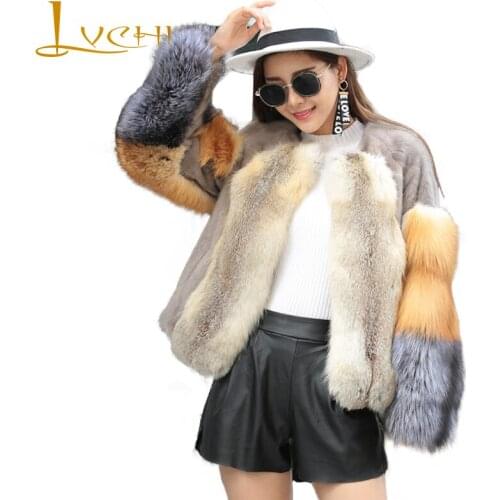 LVCHI Winter 2019 Import Mink Fur Coats Womens O-Neck Siver Fox Sleeve Mink Coat Contrast Color Causal Patchwork Mink Coats