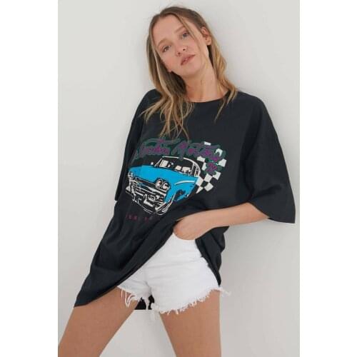 Addax Women Smoked Oversize Printed T-Shirt P9344