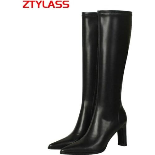 Black White Women Boots Fashion Zipper Knee High Boots Square High Heel Stretch Boots Female Spring Autumn Pointed Toe Shoes