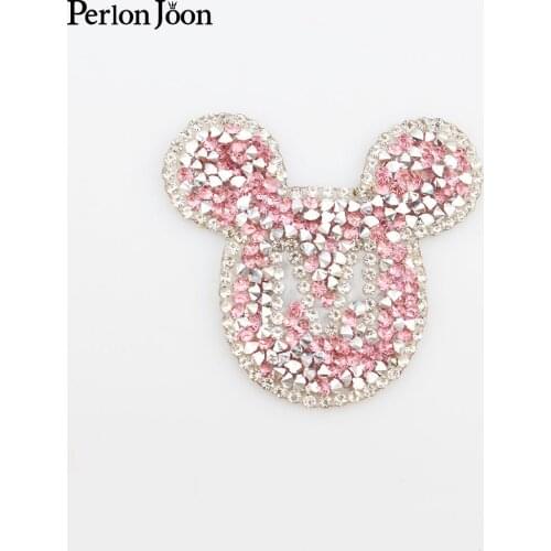 20pcs DIY rhinestone mouse cartoon hot fix patch pink crystal animal applique Ironed on girls clothes accessories decoration 040