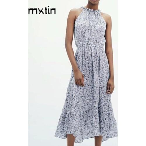 2021 Women Vintage Floarl Print Pleated Midi Dress Fashion Sleeveless Female Party Dresses Vestidos Mujer Women Clothing