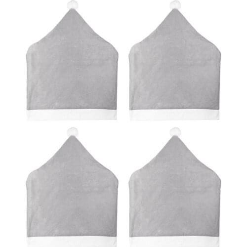 4Pcs/Set Christmas Chair Back Covers Classic Gray Santa Claus Hat Non-Woven Fabric Slipcover with Pompom Ball Home Decoration