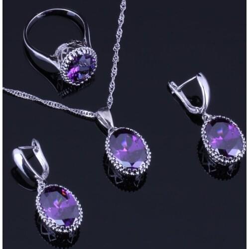Flawless Big Oval Purple Cubic Zirconia Silver Plated Jewelry Sets Earrings Pendant Chain Ring V0265
