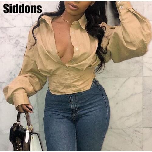 Women Blouses Shirts Long Lantern Sleeves Sexy Deep V Neck Tops Button Up Elegant Office Ladies Casual New Spring Summer Female