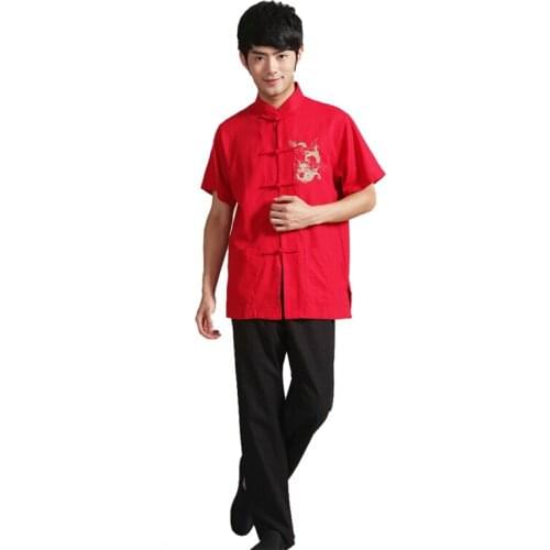 Wu Shu Sets Uniform S-3XL Black/Red Cotton Linen Embroider Dagon Kung Fu Suit Chinese style Mens Short Sleeve vestido chino