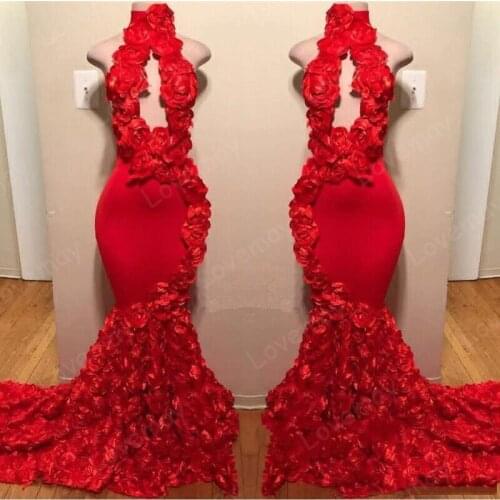 Red Mermaid Evening Dresses 2021 Appliques High Neck Sexy Formal Prom Dress Sweep Train Satin Party Gowns Robes De Soirée