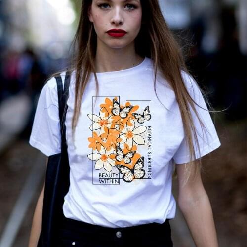 Summer Butterfly shirt for ladie Botanical Surrounds Print White tee shirts Casual Basic tops & tees womens Vintage Style