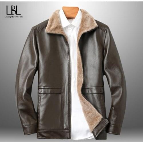 Mens Casual Thick Zipper Fleece Jackets Autumn Winter Male Faux PU Leather Jacket Coats Men Fashion Warm Leather Jacket 2021 New
