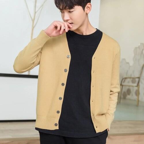Mens Outer Button Cardigan Spring and Autumn Thin Loose Korean Knit Sweater Jacket Pure Color Trend Youth