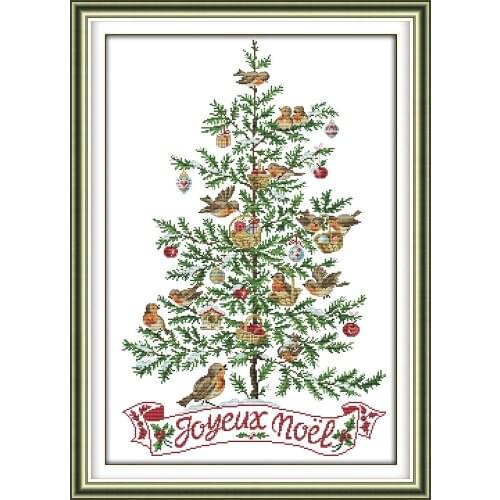NKF The Christmas Tree with Birds Needlework Painting Cross Stitch Embroidery Kit Cross Craft Cross Stitch for Home Decor