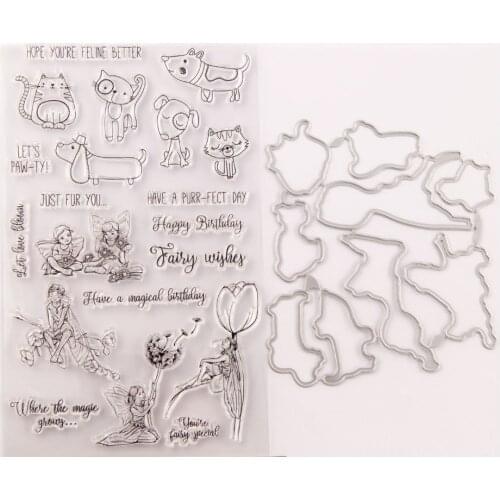 Cutting Dies and Clear Stamps set for DIY Scrapbooking Crafts Cards Making T1644 Puppy Kitten Fairy of Forest