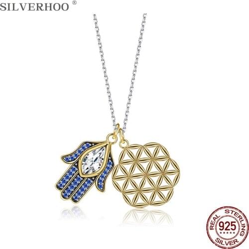 SILVERHOO Sterling Silver 925 Jewelry Necklace For Women Demon Eye With Lucky Flower Pendant Necklaces Classic Birthday Gift
