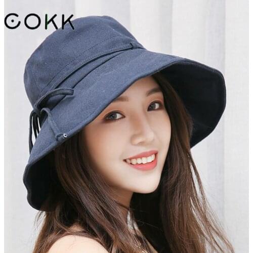 COKK Bucket Hat Women Summer Spring Cotton Fisherman Cap Folding Sunshade Outdoor Sun Hat Female Cloth Wide Brim Travel Sunhat