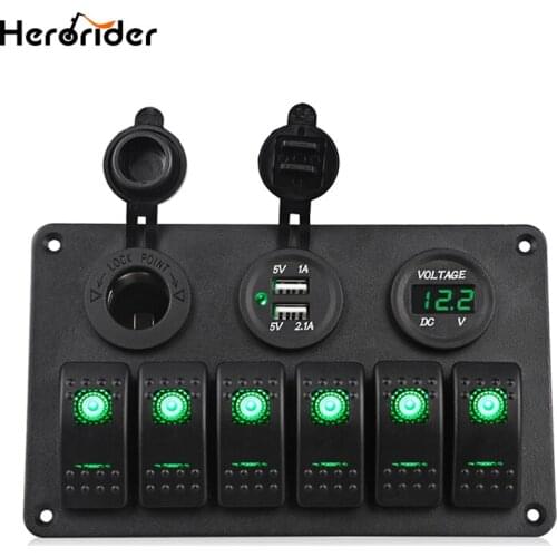 Herorider Switch Panel 5V Dual Usb Car Charger Voltmeter 6 Gang Auto Boat Marine Cigarette Lighter Blue Led Rocker Switch Panel
