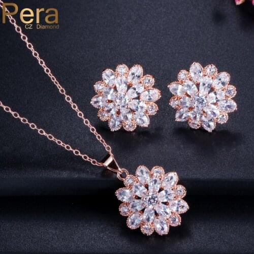Pera AAA+ Mirco Pave Geometric Flower Shape Cubic Zirconia Fashion Women Rose Gold Color Necklace and Earrings for Party J185