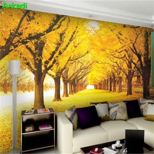 Custom 3D Mural Wallpaper Landscape Nature Forest Autumn Gold Floor Sofa Background Living Room Restaurant Bedroom Background