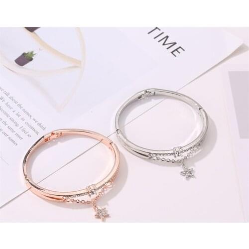 Rose Gold Silver Plated Five-pointed Star Rhinestone Starry Bling Wedding Chain Glossy Geometry Roundness Alloy Bangles for Wome