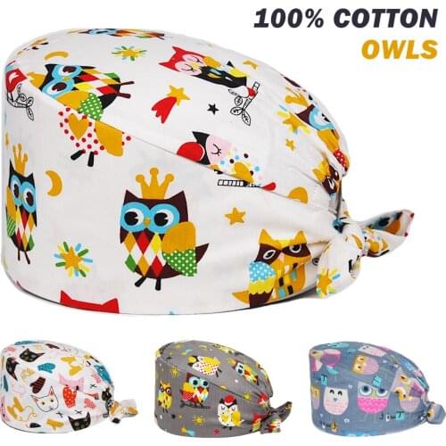Unisex Anime Scrub Cap Cats Printing 100% Cotton Nursing Hats Adjustable Tie Back Beauty Salon Pet Shop Working Scrub Caps Women