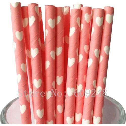 100pcs White Heart Baby Pink Paper Straws,Bridal Shower Wedding Valentine Party Drinking Straws Cake Pop Sticks Mason Jar Bulk