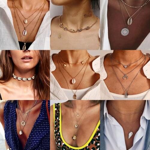 Yobest Natural Shell Gold Three Layers Shell Pendant Necklace Cowrie Women Best Friend Cowry Seashell Necklace Bohemian Jewelry