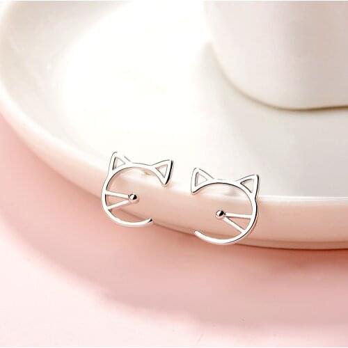 Solid 925 Sterling Silver Cute Cat Stud Earrings Hollow Kitten Pet Cat Earrings for Women Girls Pet Lovers
