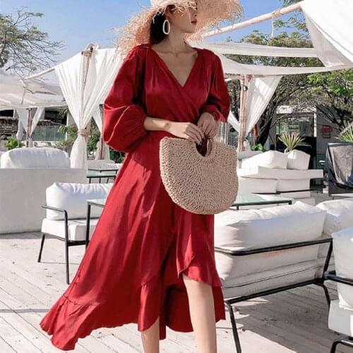 V-neck Vintage Korean Runway 2021 Vestidos Women Burgundy Satin Maxi Backless Party Dress Elegant Summer Vacation Beach Dress