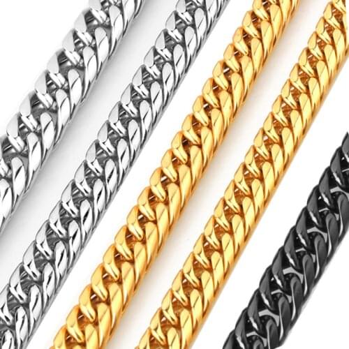 Granny Chic Men Boys Silver Gold Black 316L Stainless Steel Double Curb Cuban Link Chain Necklace Choker Jewelry 9/11/13/16/20mm