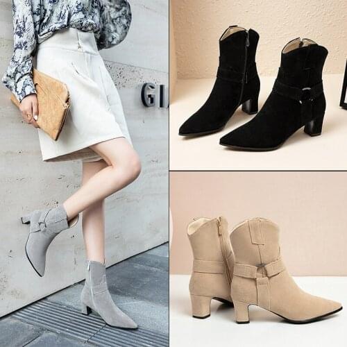 New 2020 Casual Pointed Toe Low Heels Womens Ankle Boots Short Winter Autumn Western Fashion Zipper Large Size 32- 45 Boots