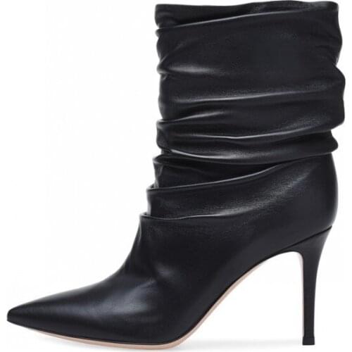 Woman Black Pointed Toe Pleated Slip On Ankle Boots Sexy High Heels Spring Autumn Lady Boots Plus Size 46 Office Botas Mujer