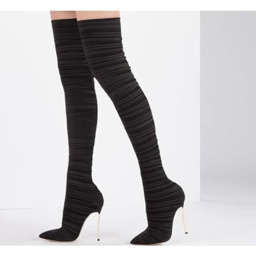Red Black Nude Women Blade Heels Pleated Velvet Thigh Boots Metal High Heels Over the Knee Pointed toe Female Slip on Boots