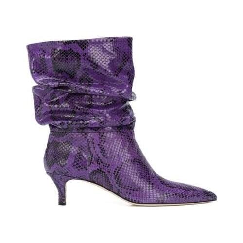 Woman Colorful Python Mid-calf Boots Wide Calf Pleated Boots Thin Kitten Heel Pointed Toe snakeskin Slip On Short Boots Shoes
