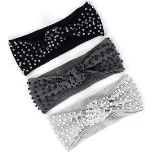 Women Pearls Accessories Ribbed Knotted Elastic Hairband For Female Ladies Striped Turban Wraps Beads Cotton Head Wrap Bohemia