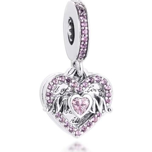 Mothers Day Gift Original 925 Sterling Silver Heart & Mum Dangle Charm Fit Pandora Bracelets Beads for Jewelry Making rosario