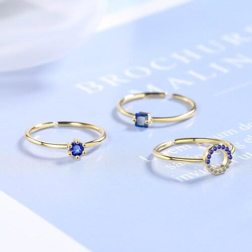 Korean Fashion Bling Blue Cubic Zirconia Adjustable 925 Sterling Silver Ring Set For Women Simple Hollow Round Jewelry Gifts