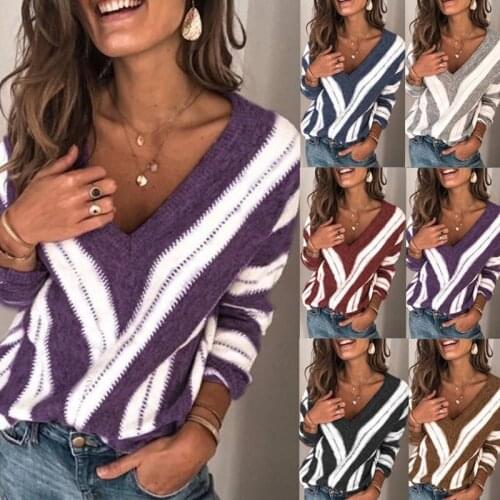 Autumn Winter Women Pullover Sweatshirt Fashion V-Neck Striped Loose Casual Knitted Tops Lady Plus Size Sweatshirts Vestidos