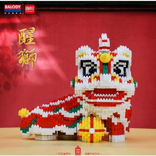 2612pcs+ Lion Dance Mini Building Blocks Chinese Traditional Culture New Year Assembled Diamond Micro Bricks Toy for Children