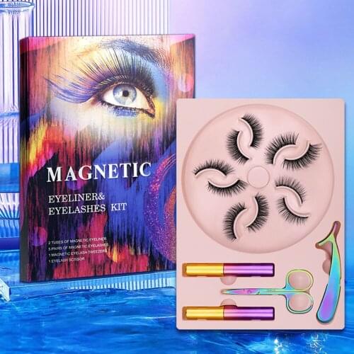 5PCS Eyelashes+2pcs Magnetic Eyeliner+1pc Twizeer+1pc Scissors Makeup Set Eyelashes Glue free magnet eyelash lotus tray suit