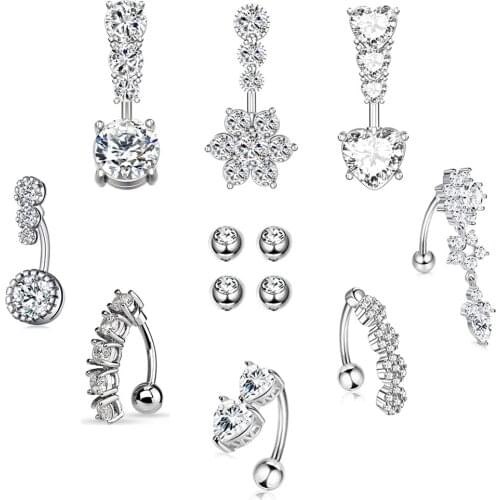 8Pcs 14G Dangle Belly Button Rings 316L Surgical Steel Clear CZ Barbell Piercing Reverse Curved Navel Barbell Women Body Jewelry