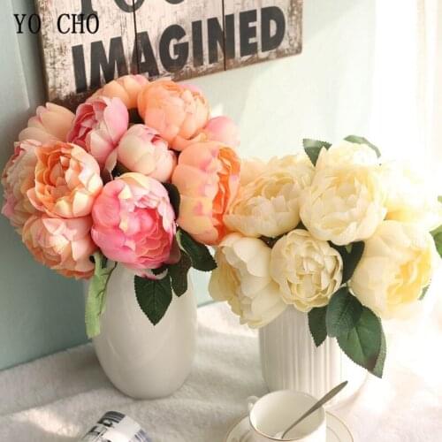 YO CHO White Pink Roses Artificial Flowers Bouquet 6 Heads Fake Roses Silk Flower for Wedding Centerpiece Home Decoration Flower